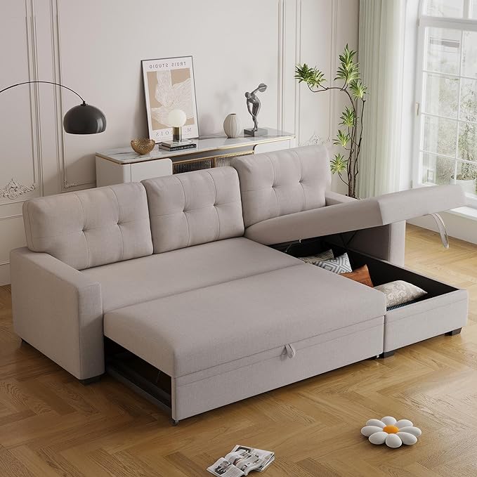 82" Sectional Sofa with Storage Chaise & Pull-Out Bed,L-Shape Convertible 3 Seater Couch W/Tufted Backrest,Reversible Sleeper for Living Room Apartment Office, Beige3 - LeafyLoom