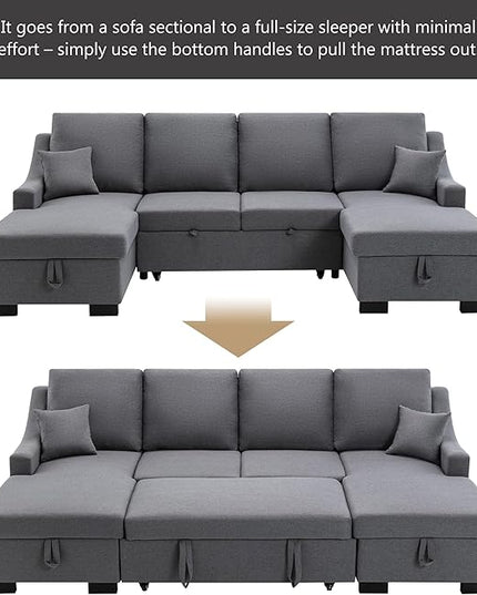 104.7" Upholstery Sleeper Sectional Sofa with Double Storage Chaise and 2 Tossing Cushions, U-Shaped Corner Couch w/Pulled Out Bed for Living Room, Apartment and Office, Grey, 104.7 Inch - LeafyLoom