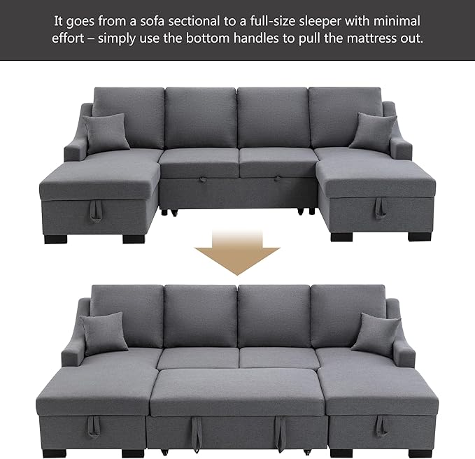 104.7" Upholstery Sleeper Sectional Sofa with Double Storage Chaise and 2 Tossing Cushions, U-Shaped Corner Couch w/Pulled Out Bed for Living Room, Apartment and Office, Grey, 104.7 Inch - LeafyLoom