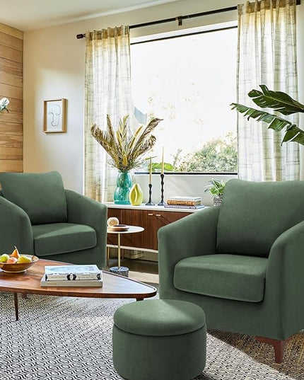COLAMY Sherpa Accent Chair with Storage Ottoman Set of 2, Upholstered Barrel Arm Chair with Footrest, Modern Living Room Chair with Back Pillow, Green - LeafyLoom