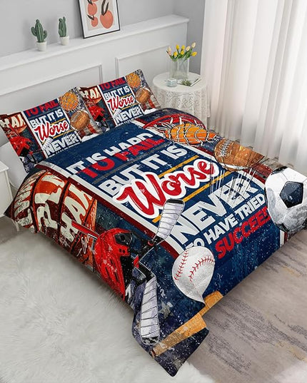 Axolotl Sports Comforter Set Full Size,Sports Theme Comforter Set Football Baseball Bedding Set,Sports Bedding Set 3D Soccer Comforter Set Basketball Bedding for Kids Boys Teens,1 Quilt 2 Pillowcases - LeafyLoom