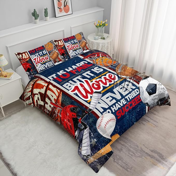 Axolotl Sports Comforter Set Twin Size,Sports Theme Comforter Set Baseball Football Bedding Set,Sports Bedding Set 3D Soccer Comforter Set Basketball Bedding for Boys Teens Men,1 Quilt 2 Pillowcases - LeafyLoom