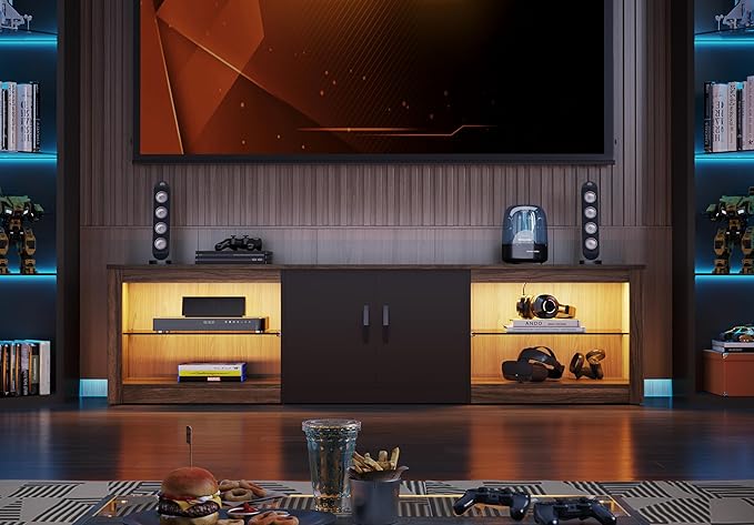 Bestier 70 inch Gaming Entertainment Center with Adjustable Glass Shelves for 75 inch TV, Large Led TV Stand with Two Cabinets, Modern Television Stand for Living Room, Bedroom, Walnut - LeafyLoom