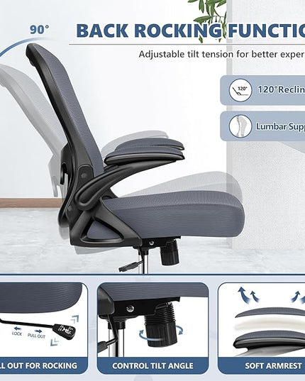 Office Chair Desk Chair, Ergonomic Mesh Computer Chair Home Office Desk Chairs, Swivel Task Chair Mid Back Breathable Rolling Chair with Adjustable Lumbar Support Flip Up Armrest (Dark Gray) - LeafyLoom