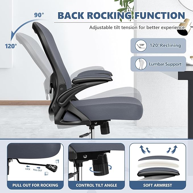 Office Chair Desk Chair, Ergonomic Mesh Computer Chair Home Office Desk Chairs, Swivel Task Chair Mid Back Breathable Rolling Chair with Adjustable Lumbar Support Flip Up Armrest (Dark Gray) - LeafyLoom