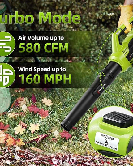 Leaf Blower Cordless, 580CFM/160MPH Electric Leaf Blower with 8.0Ah Battery, Blower with Extension Nozzle, Lightweight Leaf Blowers for Lawn Care, Yard, Garage, Patio & Sidewalk - LeafyLoom