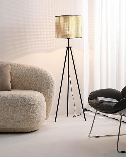 Gal - Mid Century Bohemian Tripod Table Floor with PVC Rattan Shade and Velvet Rim for Bed Dining, Kitchen, Living Room, Beige - LeafyLoom