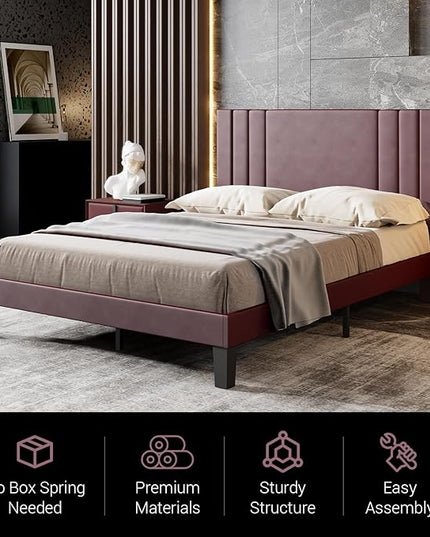 Upholstered Queen Bed Frame/Leather Upholstered Platform Bed with Headboard and Sturdy Wooden Slats/No Box Spring Needed/Noise-Free/Easy Assembly - LeafyLoom
