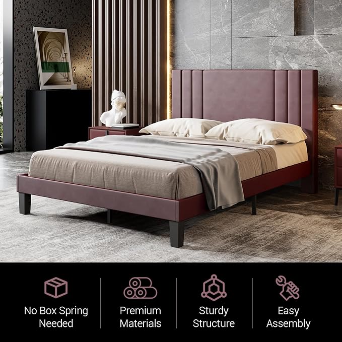 Upholstered Queen Bed Frame/Leather Upholstered Platform Bed with Headboard and Sturdy Wooden Slats/No Box Spring Needed/Noise-Free/Easy Assembly - LeafyLoom
