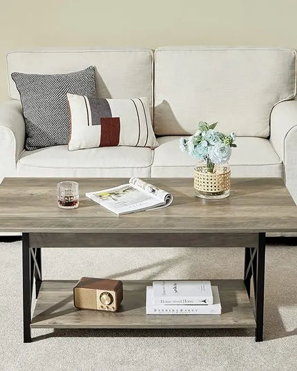 GreenForest Coffee Table Large 43.3 x 23.6 inch Rustic Farmhouse with Storage Shelf for Living Room, Easy Assembly, Grey WASH - LeafyLoom
