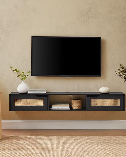 Walker Edison Modern Rattan Flip-Down-Door Wall-Mounted Floating Stand for TVs up to 65 Inche, 58 Inch, Black - LeafyLoom