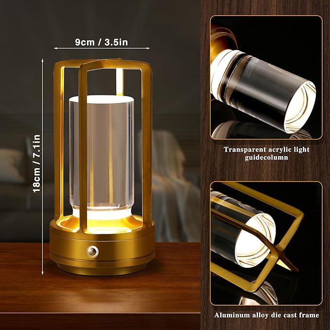 Portable Metal Table Lamp,Cordless Table Lamp,Battery Operated, 3 Light Colors, for Restaurant/Bedroom/Bars/Outdoor Party/Camping/Coffee Shop Atmosphere Night Light (Gold) - LeafyLoom