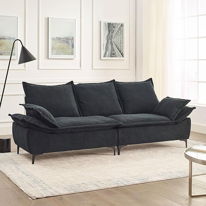Modern Sleeper Sailboat Sofa Couch Dutch Velvet 3-Seater Cloud Sofa&Couch with Two Pillows for Apartments Office Studio Small Spaces Living Rooms, 88.5", Black-005 - LeafyLoom