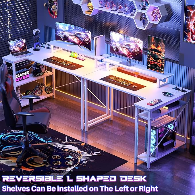 Homieasy L Shaped Gaming Desk with Power Outlet & LED Light, 47 Inch Computer Desk with Storage Shelves, Reversible Corner Desk with Monitor Stand Headset Hooks for Home Office, White - LeafyLoom