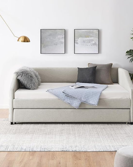 Linen Upholstered Full Size Daybed with Trundle, Solid Wood Tufted Sofa Bed Frame w/Pull Out Bed for Guest Room, Bedroom, Dorm, No Box Spring Needed, Beige - LeafyLoom
