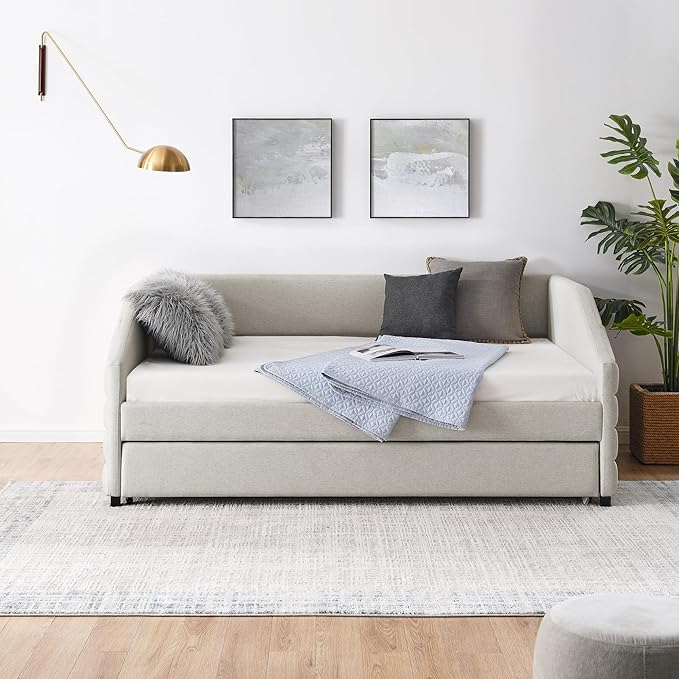 Linen Upholstered Full Size Daybed with Trundle, Solid Wood Tufted Sofa Bed Frame w/Pull Out Bed for Guest Room, Bedroom, Dorm, No Box Spring Needed, Beige - LeafyLoom