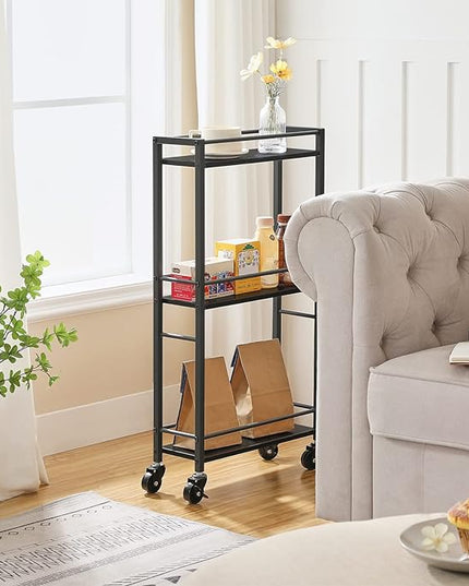 Slim Rolling Cart, Mobile Kitchen Cart on Wheels, Narrow Storage Cart for Small Space, Wooden Service Cart, for Bathroom, Laundry, Living Room, Black RCHB1501 - LeafyLoom