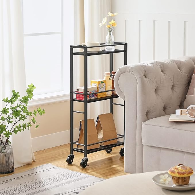 Slim Rolling Cart, Mobile Kitchen Cart on Wheels, Narrow Storage Cart for Small Space, Wooden Service Cart, for Bathroom, Laundry, Living Room, Black RCHB1501 - LeafyLoom
