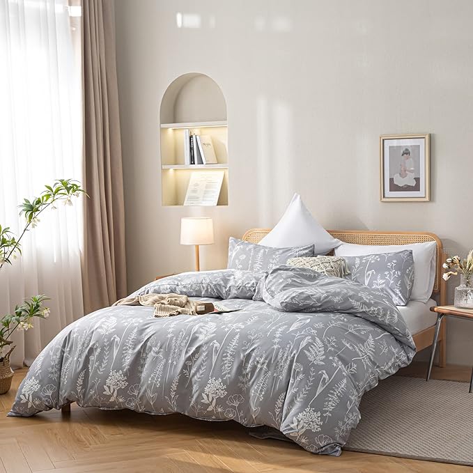 JANZAA 3PCS Comforter Set Floral Comforter Set Bedding Set White Flower Printing on Grey Comforter with 2 Pillow Cases for All Season Using(Queen) - LeafyLoom