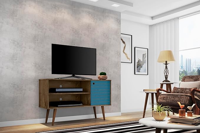 Manhattan Comfort Liberty Mid Century Modern TV Stand for Televisions up to 46 Inches, Bedroom and Living Room Entertainment Center with Storage, Shelves, and Cabinet, 43" Wide, Rustic Brown/Aqua - LeafyLoom