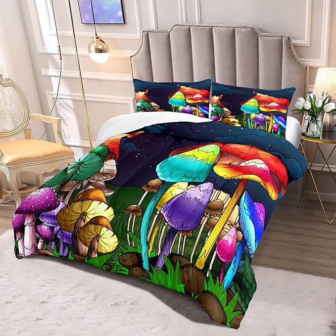 Mushroom Twin Comforter Sets for Girls Mushroom Print Kids Twin Bedding Set Mushroom Twin Girls Bedding Set Twin Comforter Set for Girl, Colorful, 1 Comforter+1 Pillowcase - LeafyLoom