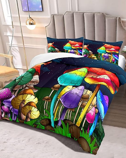Girls Mushroom Comforter Set Queen Mushroom Bedding for Girls Mushroom Print Queen Size Bedding Set Cartoon Mushroom Pattern Kids Bedding Set, Colorful, 1 Comforter+2 Pillowcases - LeafyLoom