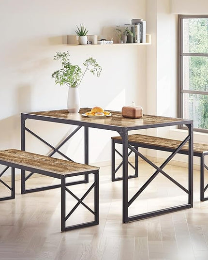 VECELO 55" Kitchen Table Set for 4-6, Wood Dining Room Dinette 2 Benches with Metal Frame for Breakfast Nook and Small Space, Brown - LeafyLoom