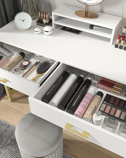 WESTREE Women Makeup Vanity Desk with 2 Drawers - Bedroom Home Office Desk, Wooden Height Monitor Stand & Storage Shelf without Mirror, White Table Great Gift for Her - LeafyLoom