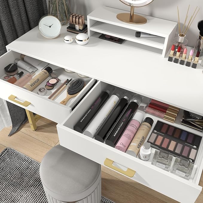 WESTREE Women Makeup Vanity Desk with 2 Drawers - Bedroom Home Office Desk, Wooden Height Monitor Stand & Storage Shelf without Mirror, White Table Great Gift for Her - LeafyLoom
