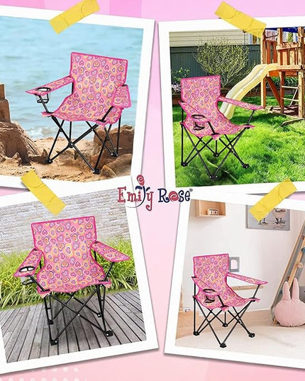 Emily Rose Kids Folding Chair | Beach Chair with Safety Lock- Camping Chair for Boyos Girls Toddler with Cup Holder & Carry Case- Tailgate, Travel, Lawn- for Indoor & Outdoor (Playful Hearts) - LeafyLoom