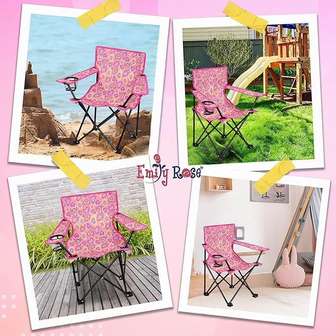 Emily Rose Kids Folding Chair | Beach Chair with Safety Lock- Camping Chair for Boyos Girls Toddler with Cup Holder & Carry Case- Tailgate, Travel, Lawn- for Indoor & Outdoor (Playful Hearts) - LeafyLoom
