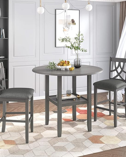NicBex Bar Table and Chairs Set Kitchen Table Set Counter Height Kitchen Dining Table Set with Drop Leaf Table, 1 Shelf and 2 Cross Back Padded Chairs for Small Places, Gray - LeafyLoom