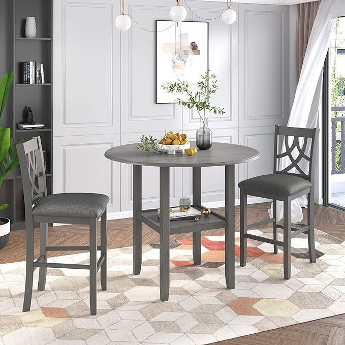NicBex Bar Table and Chairs Set Kitchen Table Set Counter Height Kitchen Dining Table Set with Drop Leaf Table, 1 Shelf and 2 Cross Back Padded Chairs for Small Places, Gray - LeafyLoom