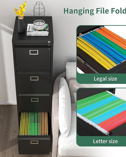 4 Drawer File Cabinet, Metal Vertical File Cabinets with Lock for Home Office, Heavy Duty Office Steel Filing Cabinet for Hanging Files for A4/ Legal/Letter,Assembly Required (Black) - LeafyLoom