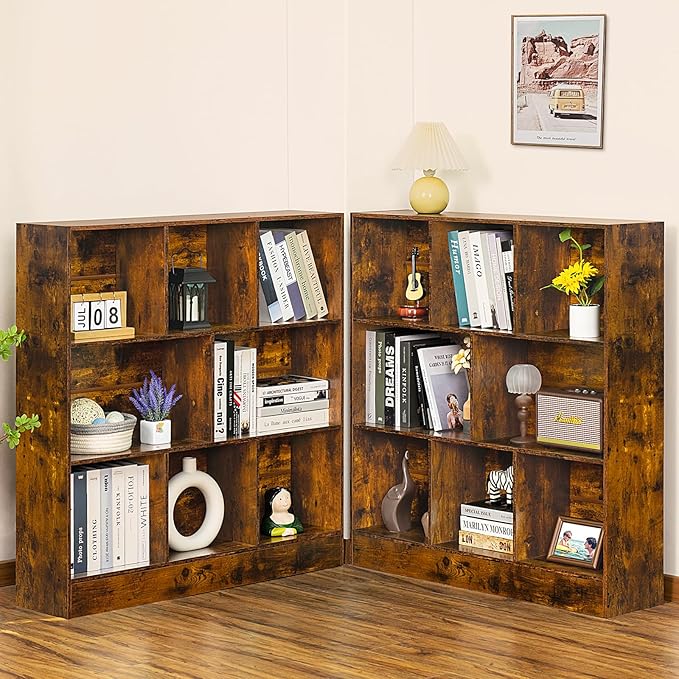 LEYAOYAO 8 Cube Bookshelf with Base,3 Tier Mid-Century Modern Brown Bookcase,Standing Wide Bookshelves Storage Organizer Shelf,Rustic Wood Display Cabinet Book Shelves for Bedroom,Living Room,Office - LeafyLoom