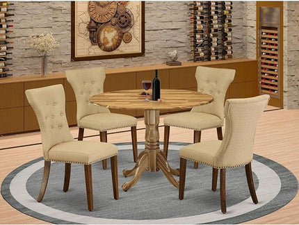 East West Furniture Dublin 5 Piece Kitchen Set Includes a Round Table with Dropleaf and 4 Brown Linen Fabric Parson Dining Chairs, 42x42 Inch, DLGA5-ANA-03 - LeafyLoom
