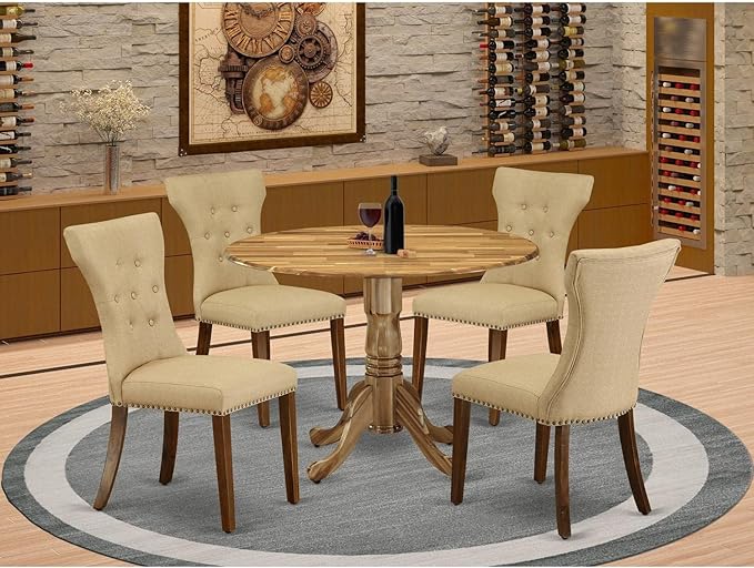 East West Furniture Dublin 5 Piece Kitchen Set Includes a Round Table with Dropleaf and 4 Brown Linen Fabric Parson Dining Chairs, 42x42 Inch, DLGA5-ANA-03 - LeafyLoom