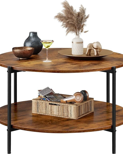 WLIVE Round Coffee Table, Rustic 2-Tier Circle Coffee Table with Open Storage Shelf, Industrial 32.6" Wood Round Center Table for Living Room, Bedroom, Home Office, Rustic Brown - LeafyLoom