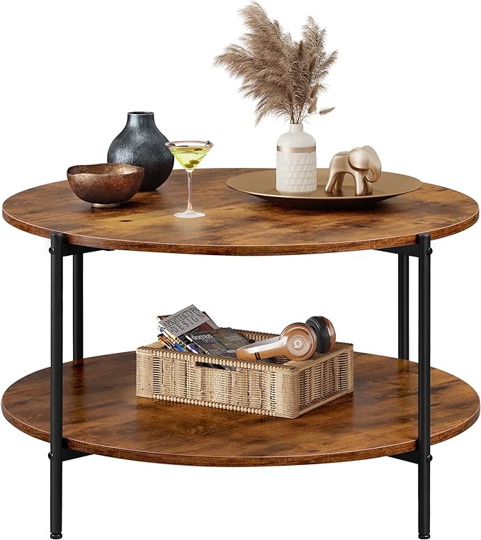 WLIVE Round Coffee Table, Rustic 2-Tier Circle Coffee Table with Open Storage Shelf, Industrial 32.6" Wood Round Center Table for Living Room, Bedroom, Home Office, Rustic Brown - LeafyLoom