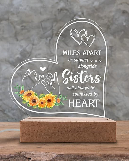 Acrylic Night Light Gifts for Sister - Sisters Will Always be Connected by Hearts - Thoughtful Sister Gifts from Sister, Brother - Birthday Gifts for Sister from Brother, Sister - LeafyLoom