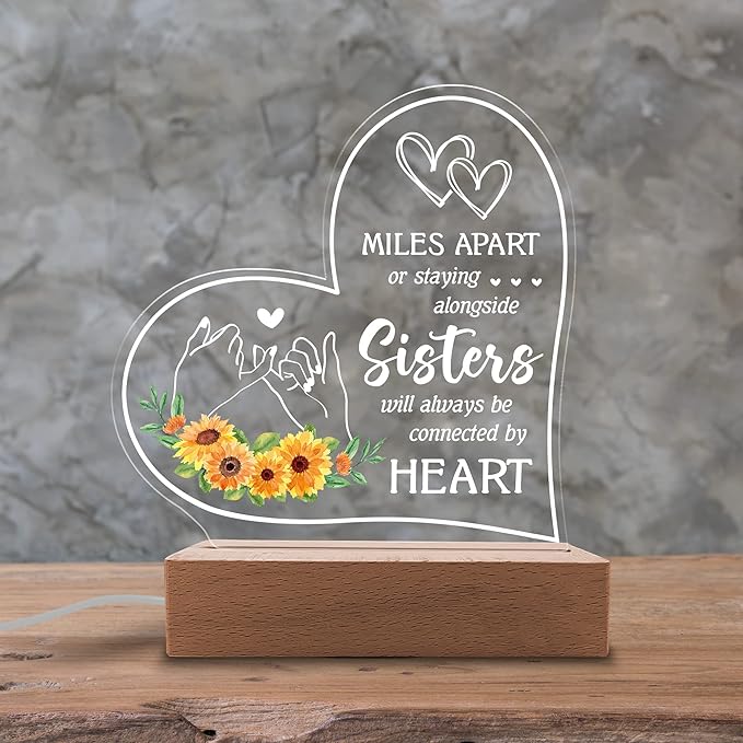 Acrylic Night Light Gifts for Sister - Sisters Will Always be Connected by Hearts - Thoughtful Sister Gifts from Sister, Brother - Birthday Gifts for Sister from Brother, Sister - LeafyLoom