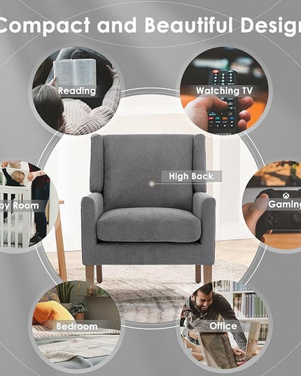 COLAMY Modern Wingback Living Room Chair, Upholstered Fabric Accent Armchair, Single Sofa chair with Lounge Seat and Wood Legs for Bedroom/Office/Reading Spaces, Gery - LeafyLoom