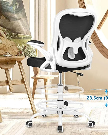 Drafting Chair, Tall Office Chair Ergonomic Standing Desk chair, Lumbar Support Computer Chair Swivel Task Rolling Chair with Adjustable Flip-up Armrests & Foot Ring (White) - LeafyLoom