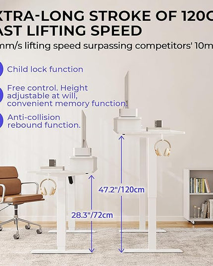 JOISCOPE 48 Inch Electric Standing Adjustable Height Desk with Double Drawer, Home Office Computer Gaming Desk with Storage Shelf and Power Outlets, Sit Stand Desk, White - LeafyLoom