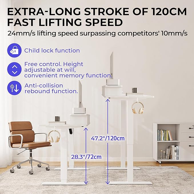 JOISCOPE 48 Inch Electric Standing Adjustable Height Desk with Double Drawer, Home Office Computer Gaming Desk with Storage Shelf and Power Outlets, Sit Stand Desk, White - LeafyLoom