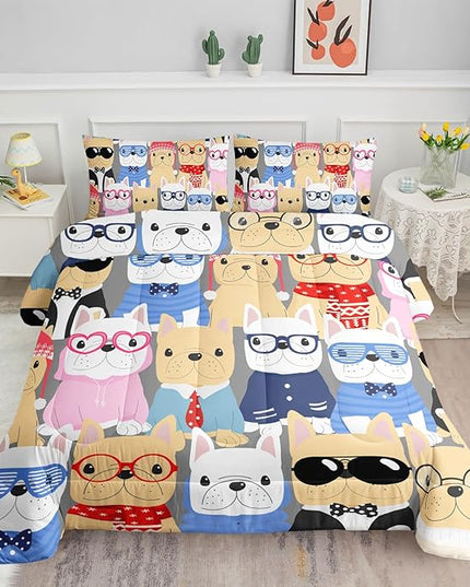Datura home Dog Comforter Beddding Set for Kids Children,Puppy Pug Cute Dog Pattern Cartoon Career Pet Bedding Set with 1 Comforter and 2 Pillowcases(Dog Full) - LeafyLoom