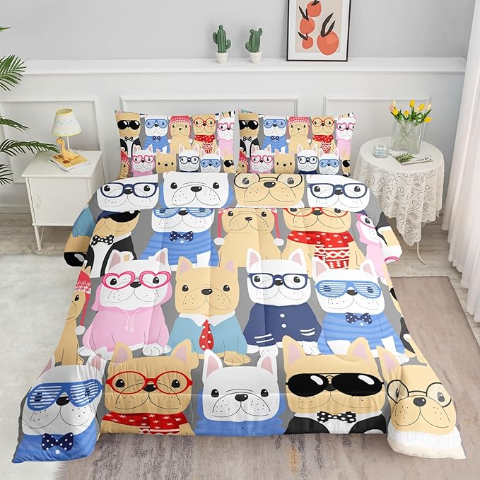 Datura home Dog Comforter Beddding Set for Kids Children,Puppy Pug Cute Dog Pattern Cartoon Career Pet Bedding Set with 1 Comforter and 2 Pillowcases(Dog Full) - LeafyLoom