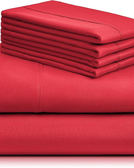 LuxClub 6 PC Queen Sheet Set, Breathable Luxury Bed Sheets, Deep Pockets 18" Eco Friendly Wrinkle Free Cooling Sheets Machine Washable Hotel Bedding Silky Soft - Red Queen - LeafyLoom