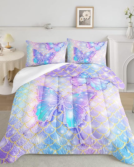 CVHOUSE Butterfly Comforter Set Full Size,Rainbow Mermaid Butterfliy Bedding Set for Kids Girls,Rainbow Mermaid Butterflies Quilt Set Butterfly Duvet Set Girl's Bedroom Decor 3 Pieces - LeafyLoom