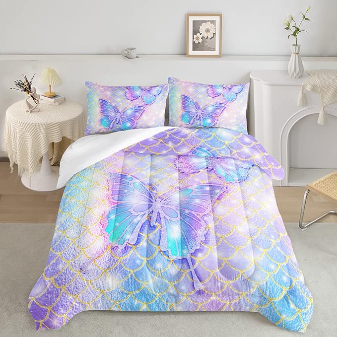 CVHOUSE Butterfly Comforter Set Full Size,Rainbow Mermaid Butterfliy Bedding Set for Kids Girls,Rainbow Mermaid Butterflies Quilt Set Butterfly Duvet Set Girl's Bedroom Decor 3 Pieces - LeafyLoom